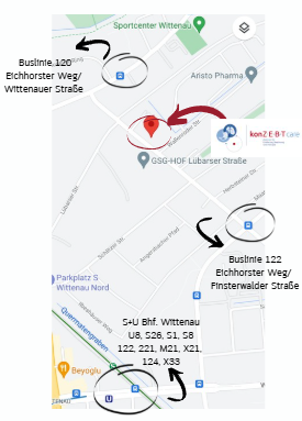 Kartenübersicht: Haltestellen und Büro